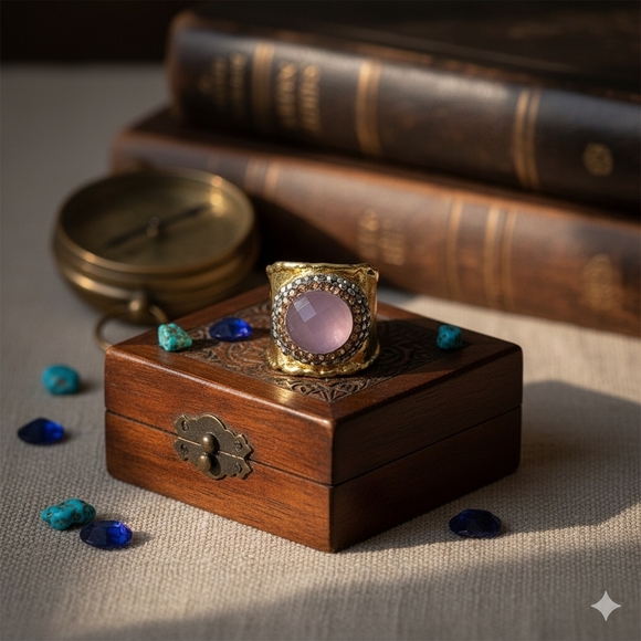 🆕️Boho Luxe Handmade Turkish Gold-Plated Wide Ring With Pink Cat’s Eye Hematite - Picture 12 of 12